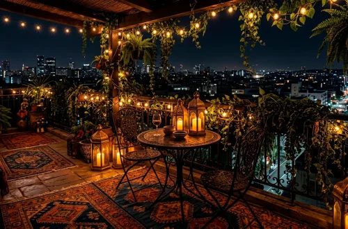 Moody eclectic balcony at night with layered rugs, glowing lanterns, and dark trailing plants