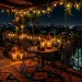 Moody eclectic balcony at night with layered rugs, glowing lanterns, and dark trailing plants