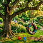 Beautiful recycled tire swing painted in bright colors hanging from a large oak tree in a playful garden setting