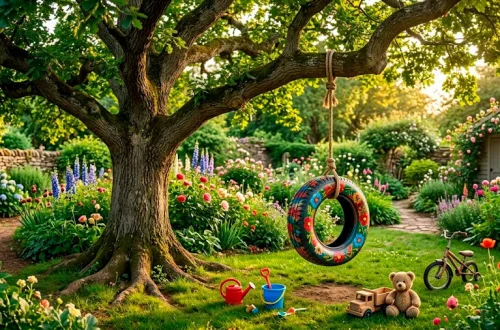 Beautiful recycled tire swing painted in bright colors hanging from a large oak tree in a playful garden setting