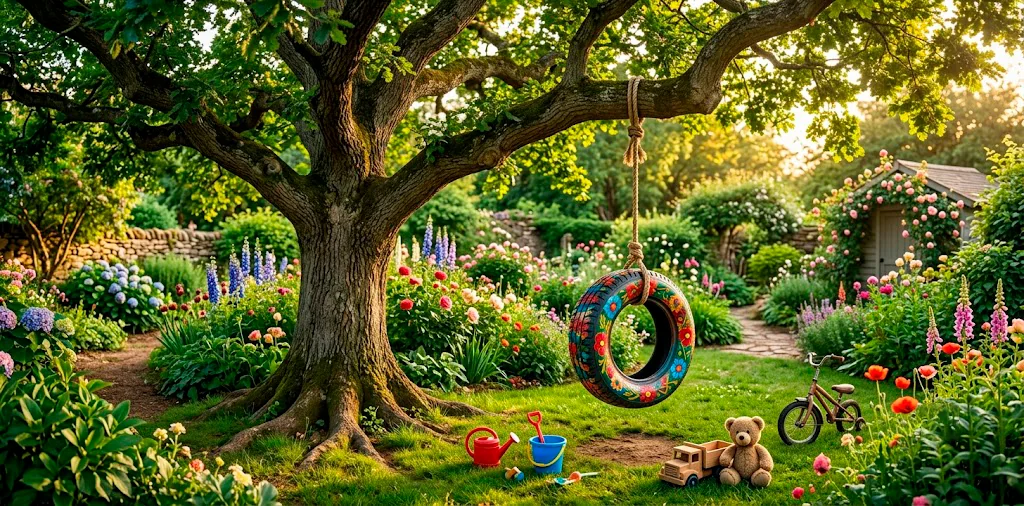 Beautiful recycled tire swing painted in bright colors hanging from a large oak tree in a playful garden setting