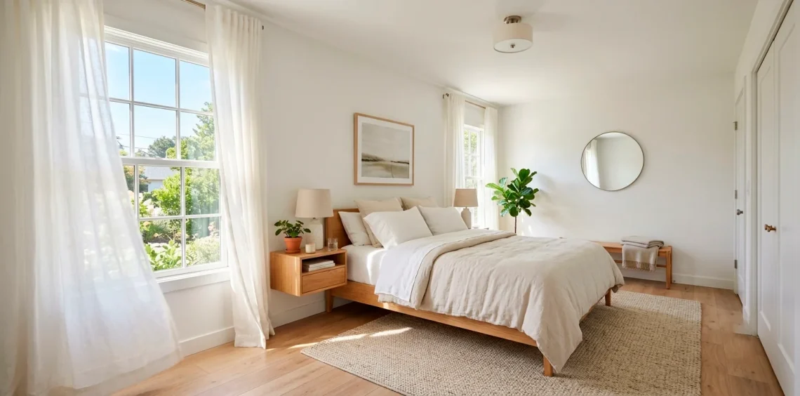 A bright and airy small guest room with white linens, sheer curtains, and natural light creating an open feel.