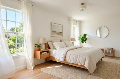 A bright and airy small guest room with white linens, sheer curtains, and natural light creating an open feel.