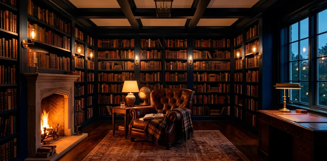 Cozy home library with dark walls and soft dimmable sconce lighting over a reading chair
