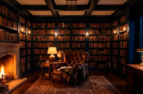 Cozy home library with dark walls and soft dimmable sconce lighting over a reading chair