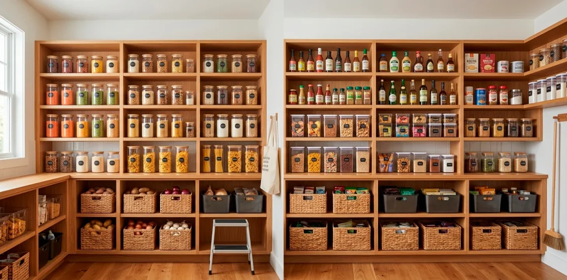 Beautifully organized custom kitchen pantry with wooden shelves, clear acrylic bins, and woven baskets.