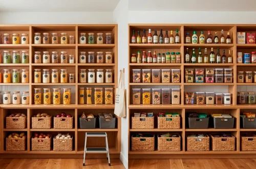 Beautifully organized custom kitchen pantry with wooden shelves, clear acrylic bins, and woven baskets.