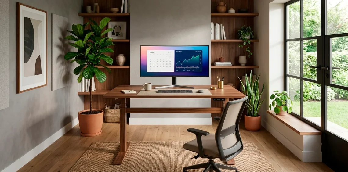 Modern home office with a neatly organized walnut standing desk, ergonomic chair, and minimal decor in bright natural light.