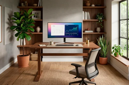 Modern home office with a neatly organized walnut standing desk, ergonomic chair, and minimal decor in bright natural light.