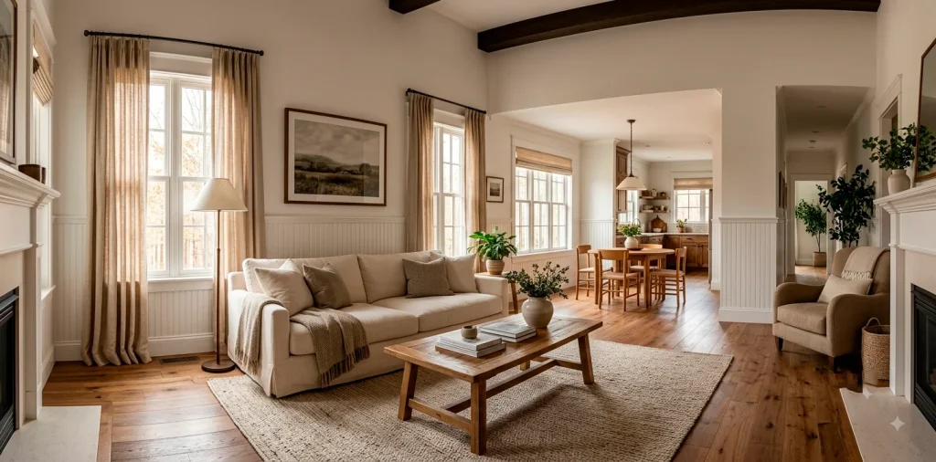 Bright living room featuring white beadboard paneling half-walls and natural oak floors creating a warm cottage texture.