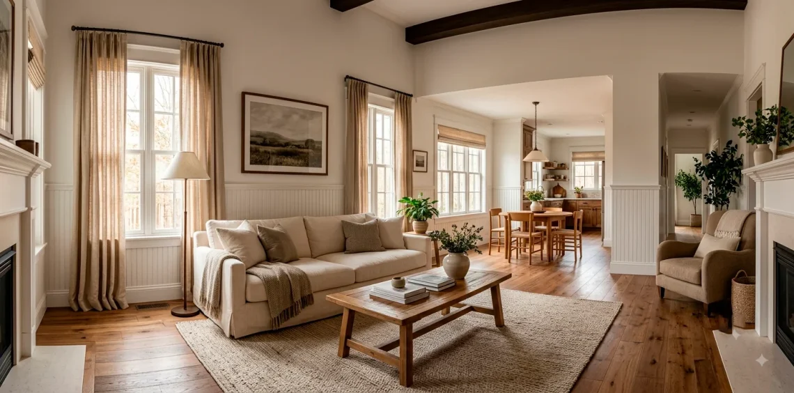 Bright living room featuring white beadboard paneling half-walls and natural oak floors creating a warm cottage texture.