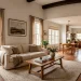Bright living room featuring white beadboard paneling half-walls and natural oak floors creating a warm cottage texture.