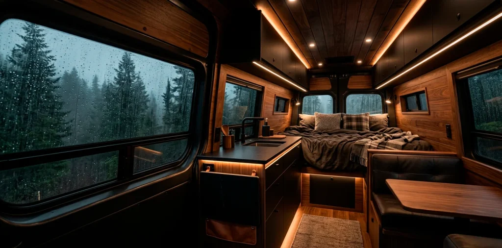 Dark and moody Sprinter van interior with walnut wood and misty forest view out the window.