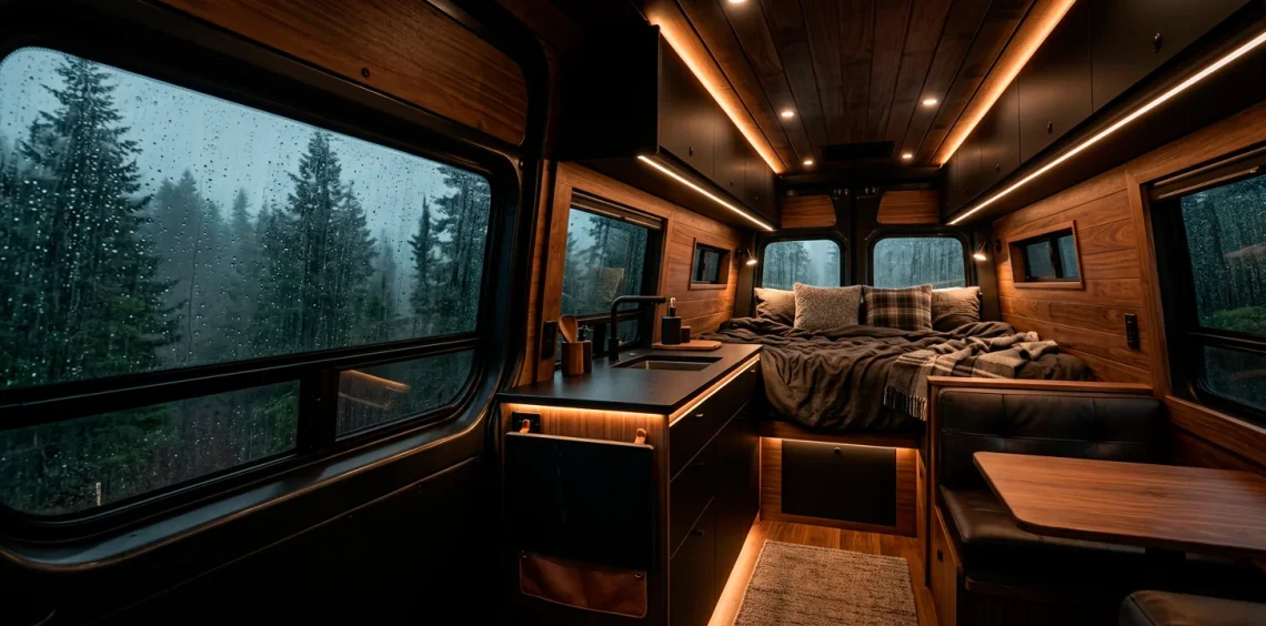 Dark and moody Sprinter van interior with walnut wood and misty forest view out the window.