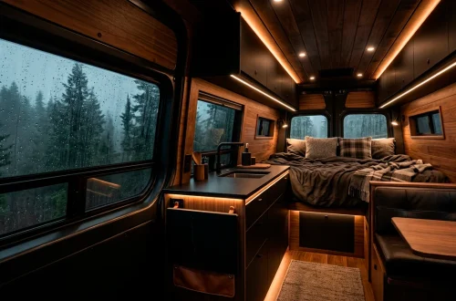Dark and moody Sprinter van interior with walnut wood and misty forest view out the window.