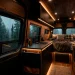 Dark and moody Sprinter van interior with walnut wood and misty forest view out the window.