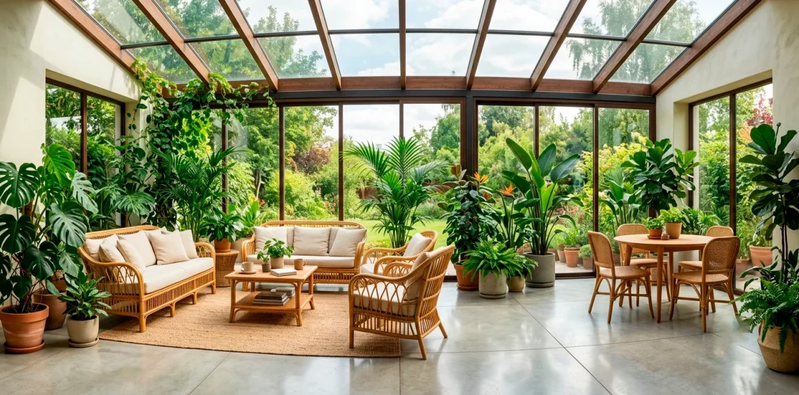 Honey-toned natural texture occasional chairs arranged in a bright sunroom with lush foliage