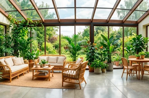 Honey-toned natural texture occasional chairs arranged in a bright sunroom with lush foliage
