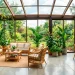 Honey-toned natural texture occasional chairs arranged in a bright sunroom with lush foliage