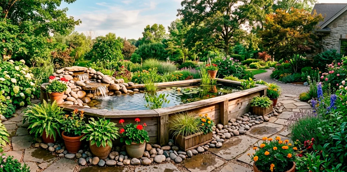 Beautiful wooden above-ground pond with a waterfall on a backyard patio surrounded by lush green plants and river stones.