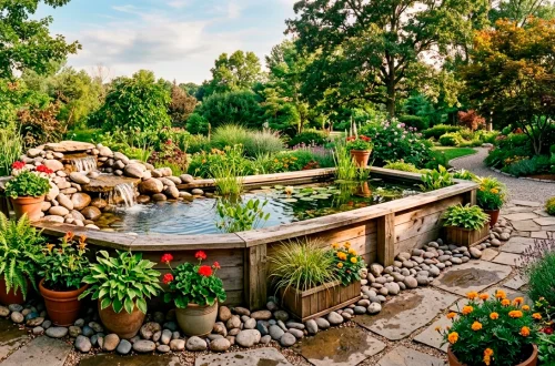 Beautiful wooden above-ground pond with a waterfall on a backyard patio surrounded by lush green plants and river stones.