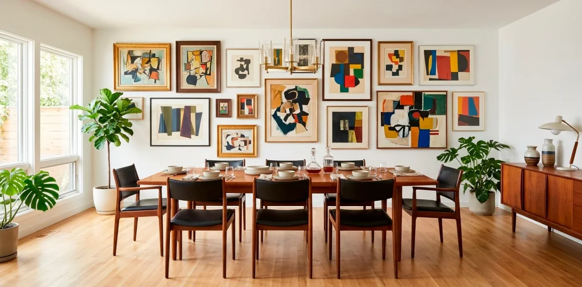 A wide view of a mid-century modern dining room featuring a stunning gallery wall above a teak credenza.