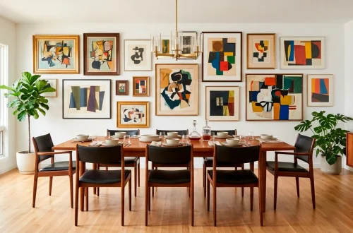 A wide view of a mid-century modern dining room featuring a stunning gallery wall above a teak credenza.