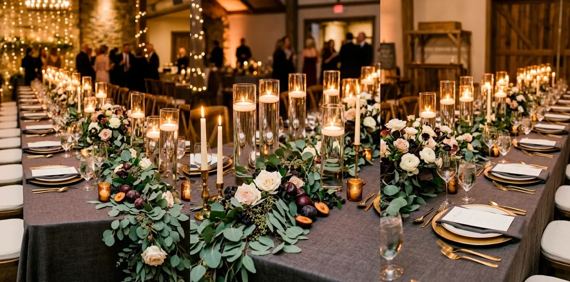 Luxurious DIY wedding tablescape with eucalyptus runner, white roses, and floating candles