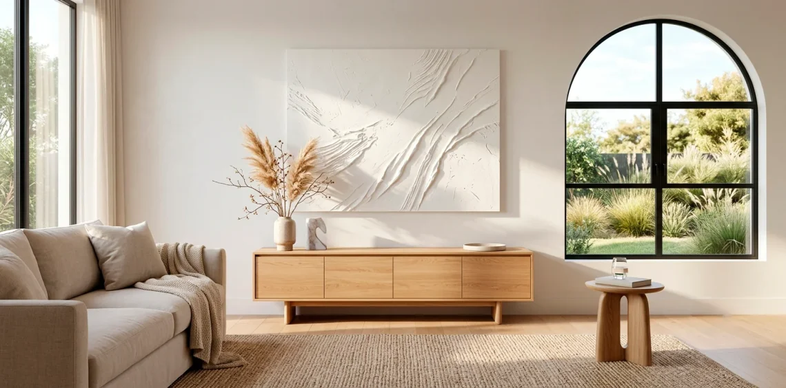 Modern minimalist living room featuring a large DIY textured white plaster art canvas above an oak console table.