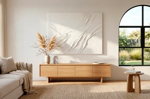 Modern minimalist living room featuring a large DIY textured white plaster art canvas above an oak console table.