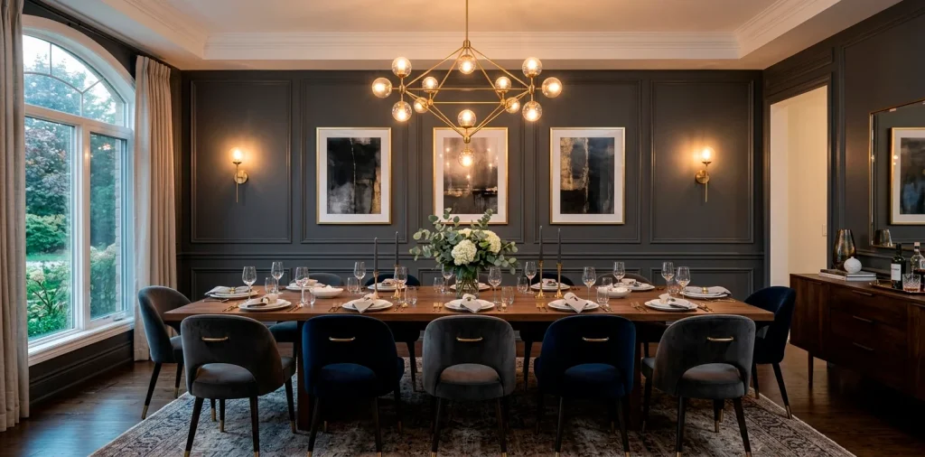 Sophisticated dining room featuring charcoal grey picture frame wall molding, wooden table, and brass chandelier