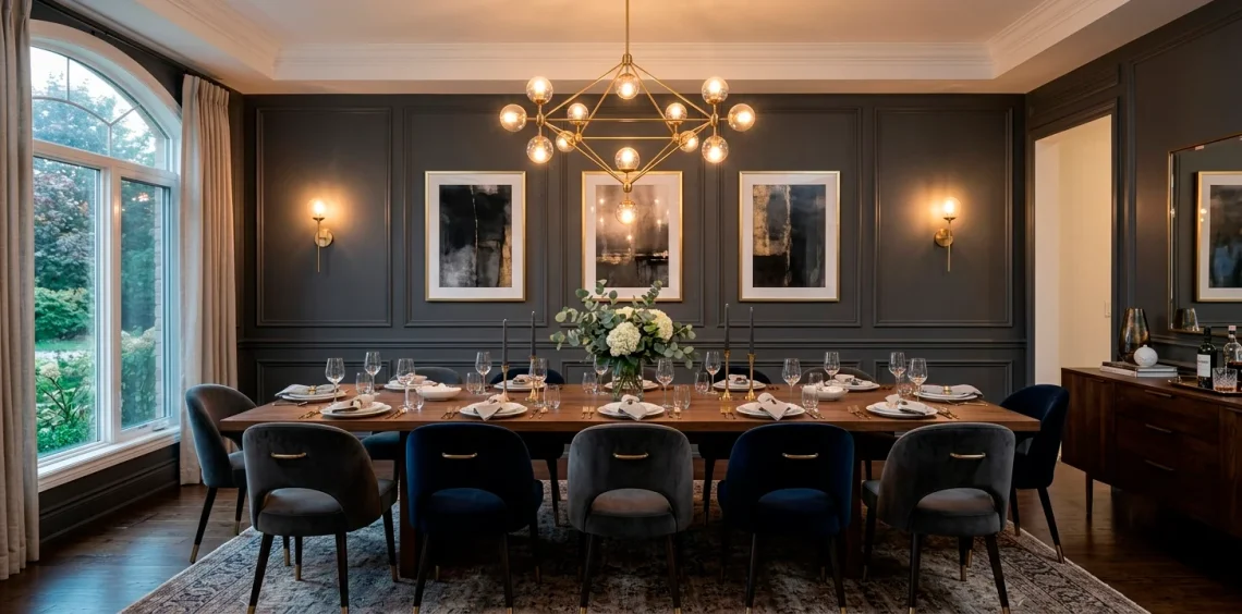 Sophisticated dining room featuring charcoal grey picture frame wall molding, wooden table, and brass chandelier