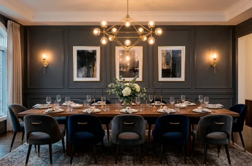 Sophisticated dining room featuring charcoal grey picture frame wall molding, wooden table, and brass chandelier