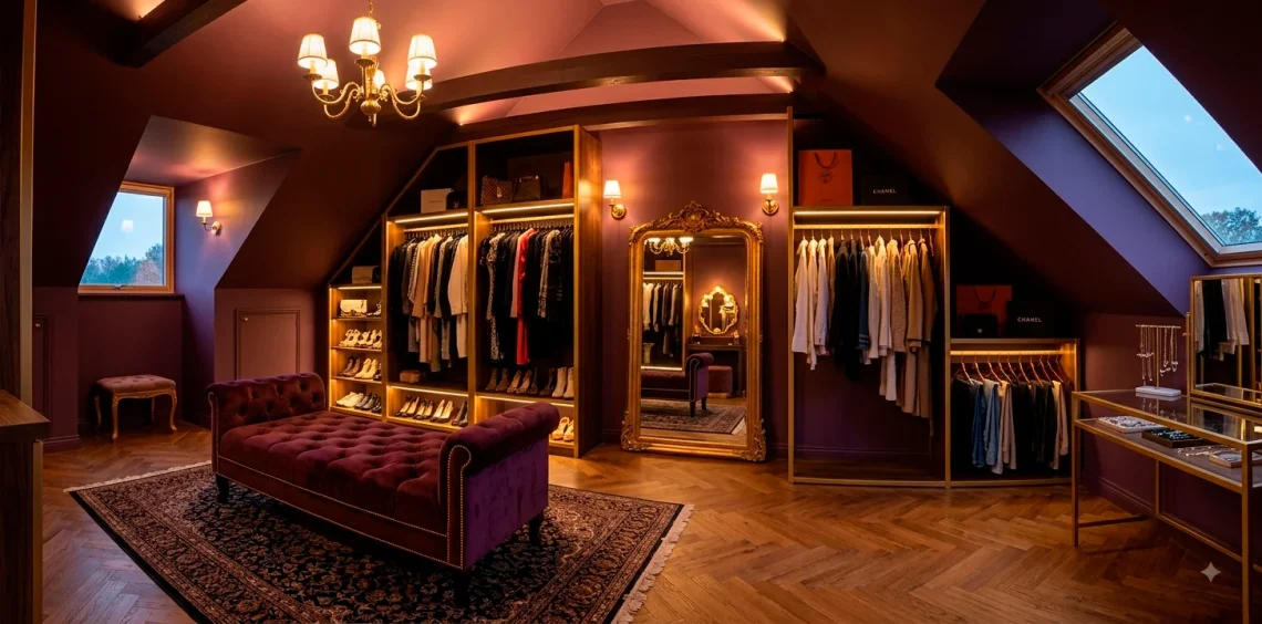 Wide view of a moody plum and gold attic wardrobe featuring velvet seating, brass clothing racks, and warm lighting