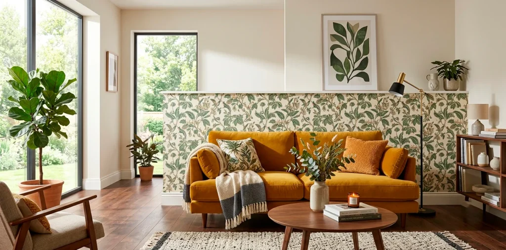 Contemporary living room with botanical removable wallpaper and a mustard velvet sofa in bright sunlight.