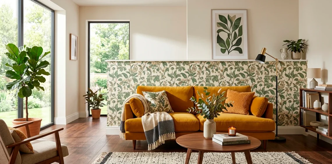 Contemporary living room with botanical removable wallpaper and a mustard velvet sofa in bright sunlight.