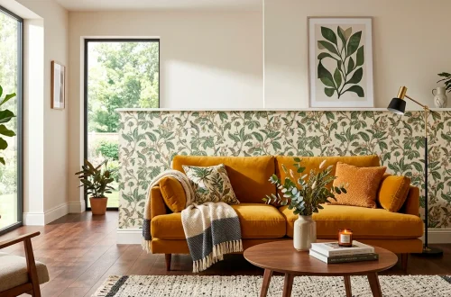 Contemporary living room with botanical removable wallpaper and a mustard velvet sofa in bright sunlight.