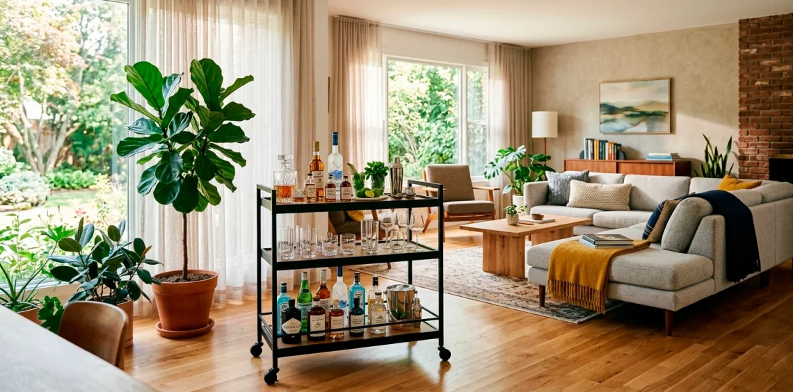 Sleek matte black portable bar cart styled with crystal glasses in a bright modern living room.