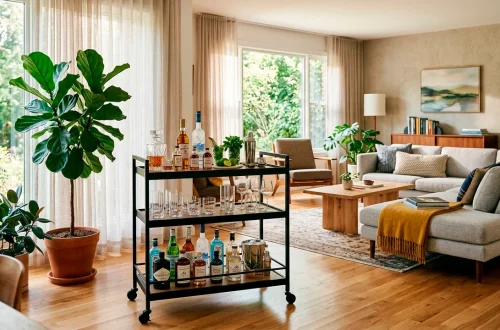 Sleek matte black portable bar cart styled with crystal glasses in a bright modern living room.