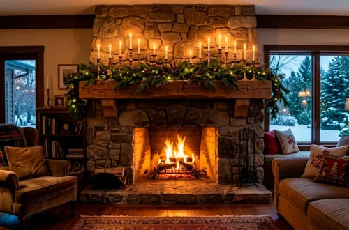 Cozy winter fireplace mantel decorated with vintage brass candlesticks, fresh pine garland, and glowing taper candles.