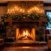 Cozy winter fireplace mantel decorated with vintage brass candlesticks, fresh pine garland, and glowing taper candles.