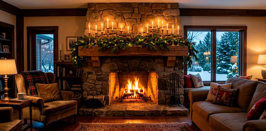 Cozy winter fireplace mantel decorated with vintage brass candlesticks, fresh pine garland, and glowing taper candles.