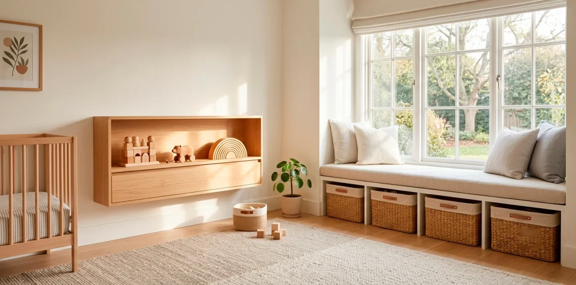 Beautifully organized minimalist kids bedroom with wooden toy rotation station and clear floor space