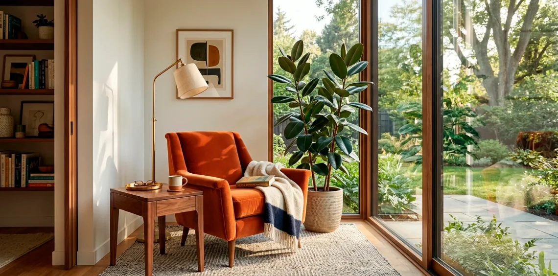 Mid-century modern reading nook featuring a burnt orange velvet chair and walnut table beside a sunny window.