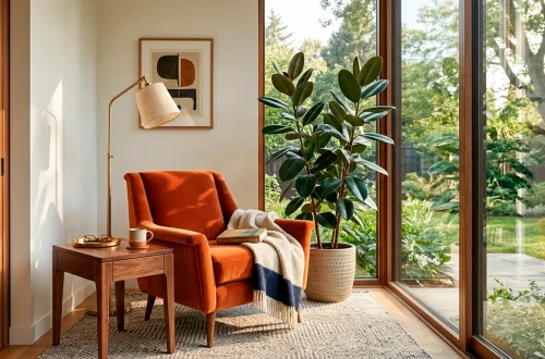 Mid-century modern reading nook featuring a burnt orange velvet chair and walnut table beside a sunny window.