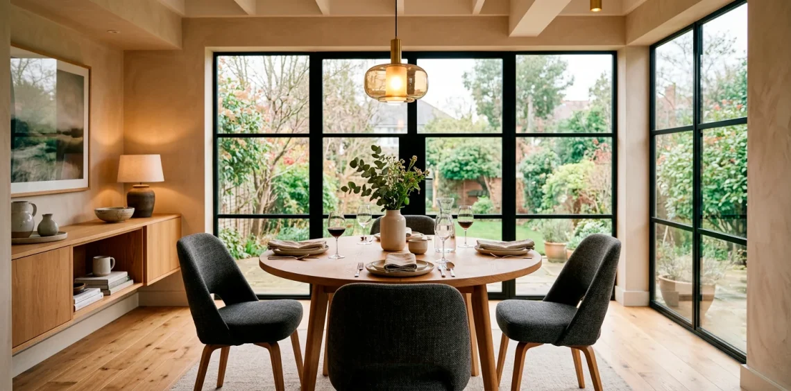 Wide view of a modern dining room featuring a warm oak round table and stylish chairs