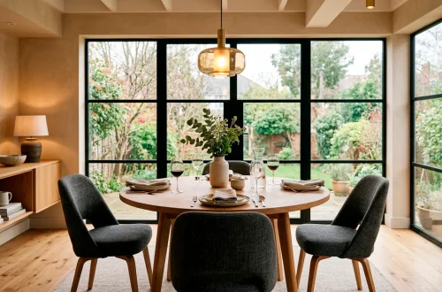 Wide view of a modern dining room featuring a warm oak round table and stylish chairs