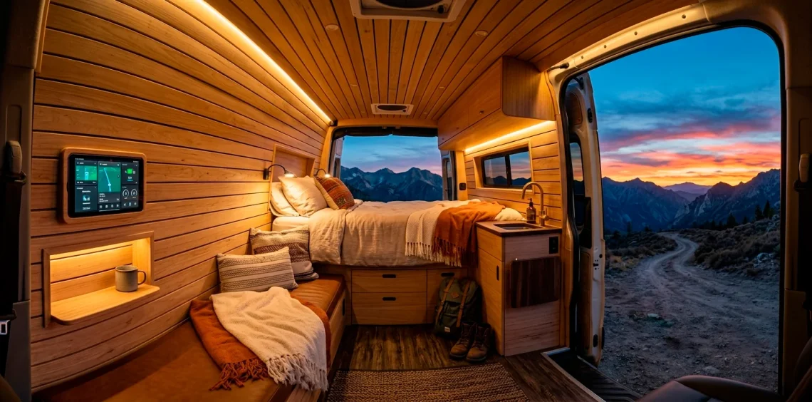 Luxurious modern custom van interior featuring smart home technology, glowing LED lights, and a view of mountains at twilight