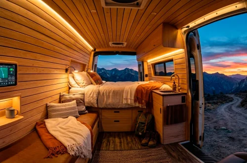 Luxurious modern custom van interior featuring smart home technology, glowing LED lights, and a view of mountains at twilight