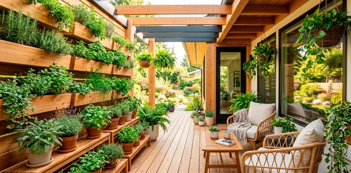 A beautifully styled small porch featuring lush vertical herb gardens and cozy seating.